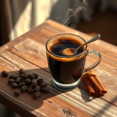 A steaming mug of rich, dark coffee, its surface shimmering with heat, sits on a worn wooden table.  The aroma of roasted beans, dark and bold, fills the air, mingling with the faint scent..