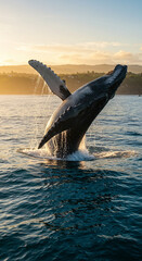 Obraz premium Humpback whale jumps in the ocean at sunset