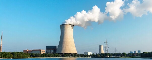 Obraz premium Modern power plant cooling tower emitting vapor against a clear blue sky Clean energy, industrial infrastructure, environmental impact, technological advancement , structure, vapor