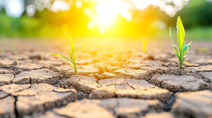 Resilient Sprouts Emerging from Parched Earth under Radiant Sunlight