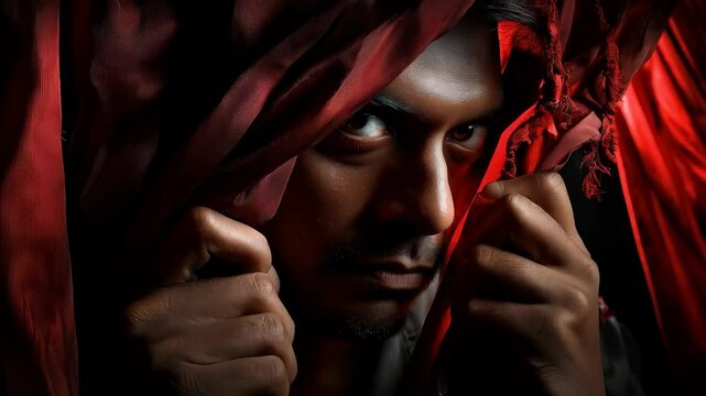 Intense gaze of a man partially veiled by a red fabric looking directly at the camera with determination and drama in low key lighting.