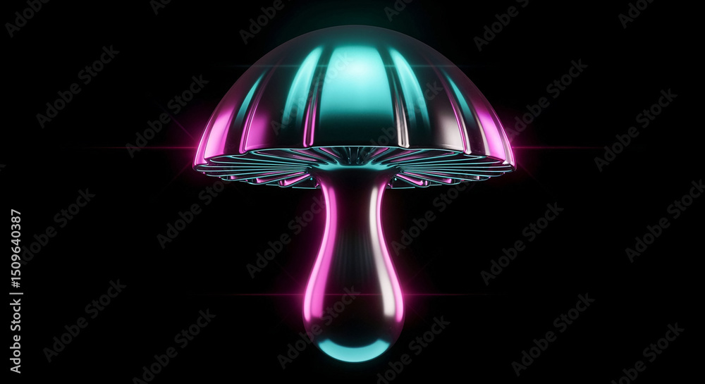 Poster Glowing synthwave mushroom shines in the dark with neon lights