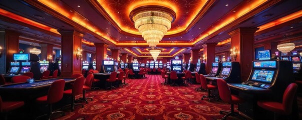 Naklejka premium Luxurious casino interior with sparkling chandeliers, plush seating, and gaming tables, creating an opulent and exciting atmosphere , comfortable, velvet, elegant
