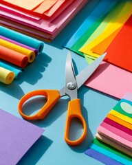 Top-down view of colorful craft supplies scattered on a bright tabletop