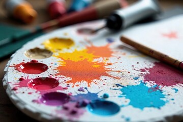 Fototapeta premium A paint-splattered palette sits beside tubes of vibrant acrylic paints, brushes, and a canvas Ready for the next masterpiece The scene evokes creativity and artistic expression , still life, artwork