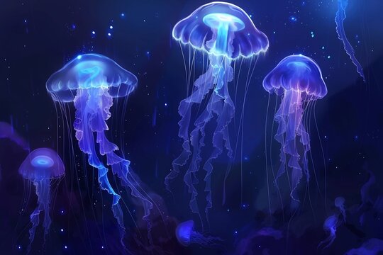 Cluster of jellyfish glowing in deep ocean darkness bioluminescent blue and purple hues floating gracefully hyper realistic underwater scene