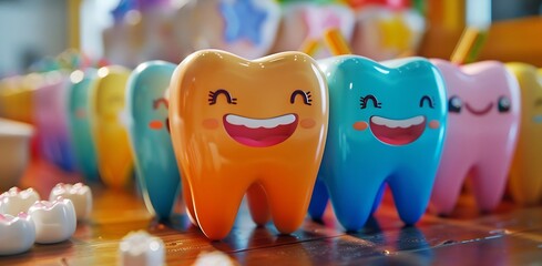Colorful animated toothbrush character leading a parade of happy teeth playful cartoon background