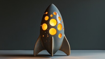 A ceramic rocket sculpture pulsating with an otherworldly golden glow 