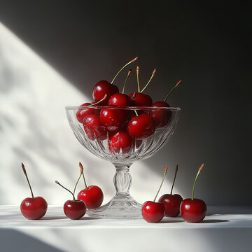 Fresh charry in a vintage glass bowl against a textured background for a healthy dessert