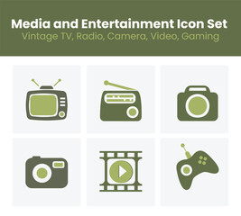 Media and Entertainment Icons Set: Classic emblems of communication, and entertainment media technology, representing vintage television, radio, camera, video, and gaming.