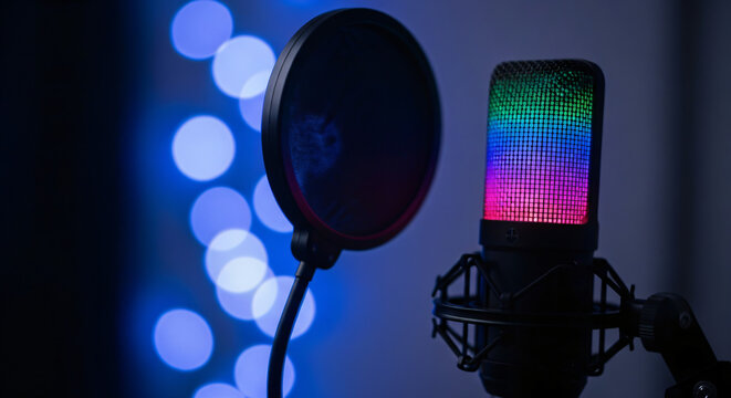 Microphone with a pop filter in front of it. It has colorful LED lighting, displaying shades of blue, green, and red. In the background, there are out-of-focus circular lights creating a bokeh effect.