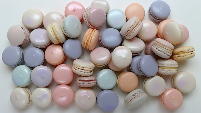 Colorful assortment of macarons in pastel shades arranged in a visually appealing pattern on a white background