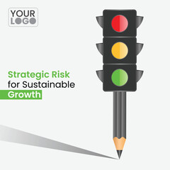 Strategic Risk for Sustainable Growth: A creative illustration symbolizing the concept of strategic risk assessment for sustainable growth. Featuring a traffic light cleverly integrated with a pencil.