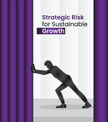 Pushing Limits for Growth: A lone figure pushes against two imposing purple bars, symbolizing the strategic risk required for sustainable growth in this motivational vector graphic.