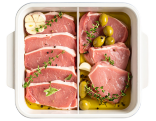 Raw marinated meat slices with herbs, slices, olives oil and garlic in a food container isolated on white background. Suitable for marketing or business purposes. PNG file