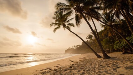 A vibrant, dreamy sunset over a peaceful tropical beach.