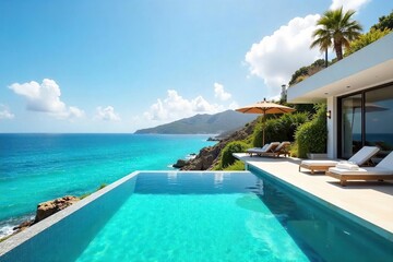 Fototapeta premium Sun-drenched coastal villa with infinity pool overlooking a turquoise ocean; epitome of luxurious, relaxed living A tranquil scene of ultimate beauty and serenity , luxury, vacation