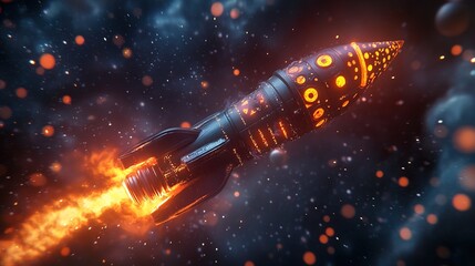 A toy rocket with glowing patterns, floating in zero gravity 