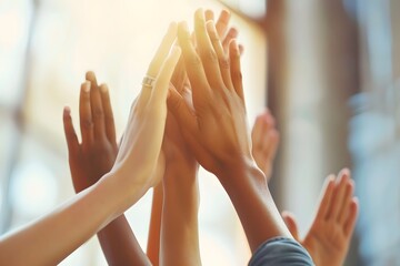 Group of diverse people joining hands together in unity, symbolizing teamwork, support, collaboration, community, and mutual trust in a positive and inclusive environment