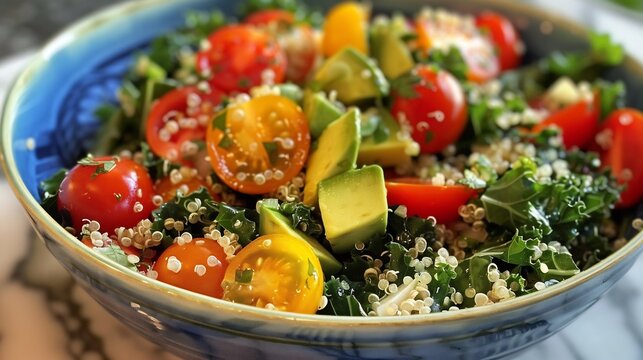 Colorful mixed salad with kale cherry tomatoes avocado quinoa and a light vinaigrette dressing
