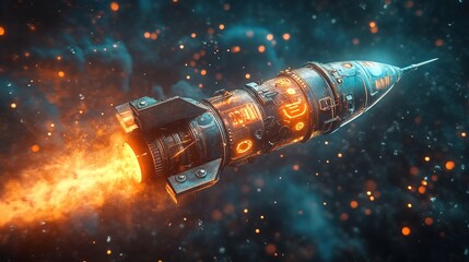 A steampunk rocket powered by glowing gears and neon steam bursts 