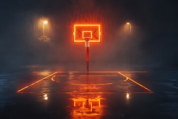 Neon basketball hoop rain night cityscape