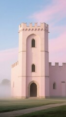 Pink Gothic-style tower with arched windows and a foggy landscape in the background
