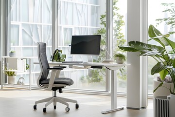 Modern office interior with desk, symbolizing productivity, clean workspace, professional environment, minimalist design, and contemporary business setting

