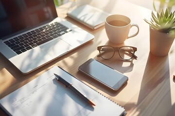 Laptop and coffee cup on a table, symbolizing remote work, productivity, digital lifestyle, creative workspace, and modern work-from-home or cafe environment

