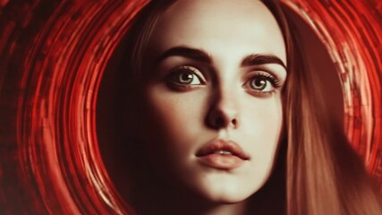 Portrait of a woman framed by a circular red design