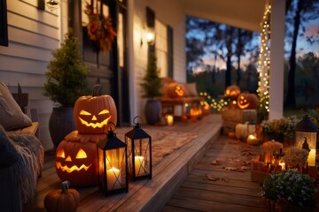 Fototapeta premium Welcoming front porch decorated with Halloween props, pumpkins, and lights