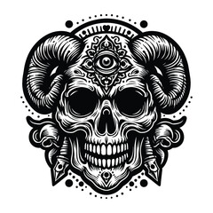 Skull with Horns and Eye Illustration