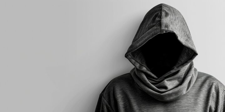 Mysterious figure in a hooded sweatshirt against a neutral background. Concept of anonymity, secrecy and mystery.