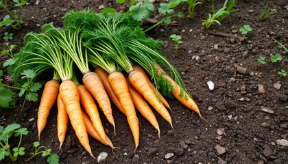 Freshly harvested carrots on the ground in a vegetable garden. Organic vegetables. Healthy plant-based food. Gardening concept.