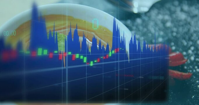 Overlay appearing, 3D grid sliding and candlesticks fluctuating, revealing soup surface in bowl