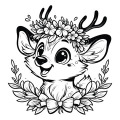 Cute Deer with Flower Crown Black and White Line Art