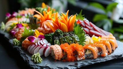 Colorful spread of assorted sushi rolls with fresh sashimi wasabi and pickled ginger artfully presented on a slate platter