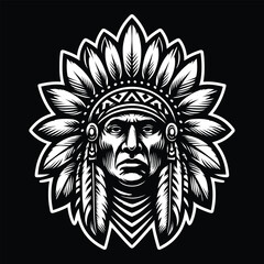 Native American Headdress Black and White Vector Art