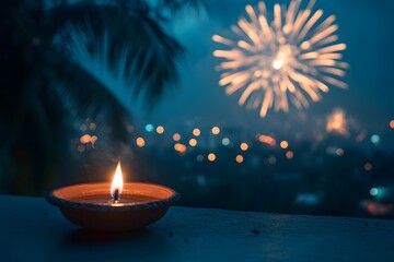Fototapeta premium Glowing oil lamp with fireworks exploding against a dark blue night sky