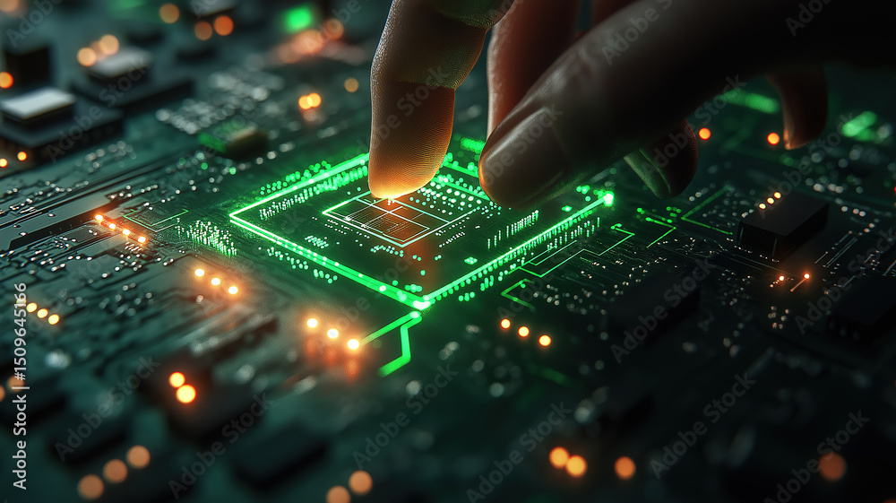 Wall mural microchip being installed on green circuit board by hand with bright glowing details