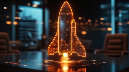 A startup companyâ€™s glowing holographic rocket model, displayed in a boardroom 