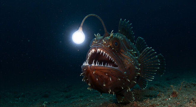 Anglerfish, a deep-sea fish known for its distinctive appearance. It has a large head with sharp teeth and an elongated dorsal fin spine that dangles a bioluminescent lure in front of its mouth.