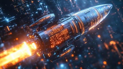 A rocket piloted by an advanced AI, its exterior pulsing with glowing binary codes