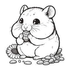 Hamster eating nut and sitting by flower
