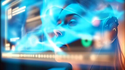 Woman using AR headset with fingerprint scan interface, seamless looping 4k time-lapse animation video background - Powered by Adobe