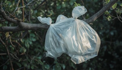 Plastic bag transparent fluttering in the wind and tangled on tree
