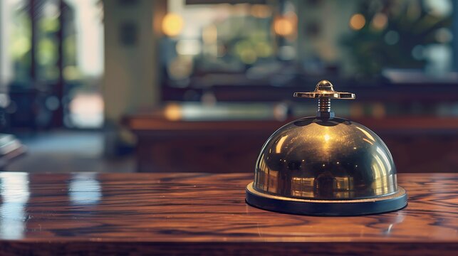 Restaurant service bell on wooden table on blurred background
