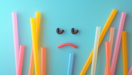 Straw plastics for drink pastel background with face sad emoticon