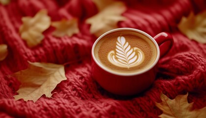 Coffee late red cup mug with blanket autumn forest background