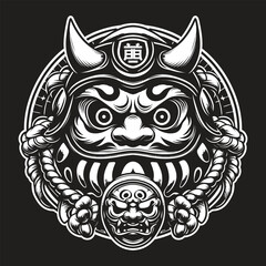 Japanese Demon Mask Illustration with Horns and Rope
